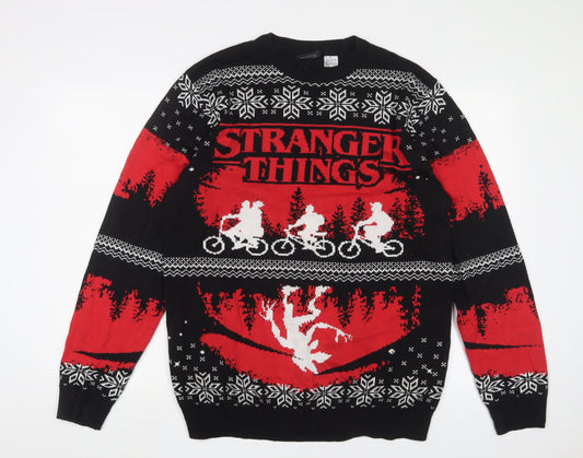 Stranger Things Mens Black Crew Neck Geometric Cotton Pullover Jumper Size XL Long Sleeve