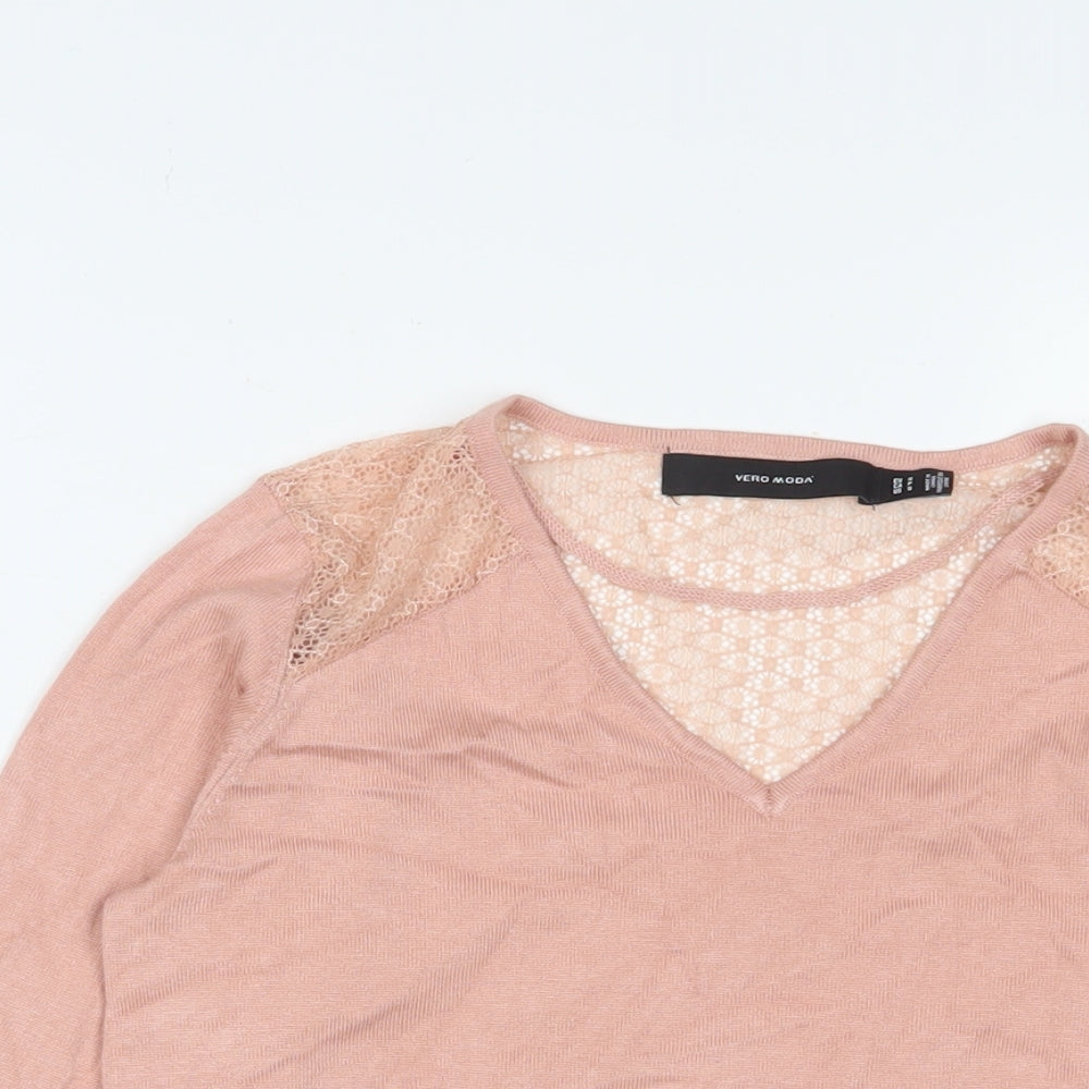 VERO MODA Womens Pink V-Neck Viscose Pullover Jumper Size S - Lace