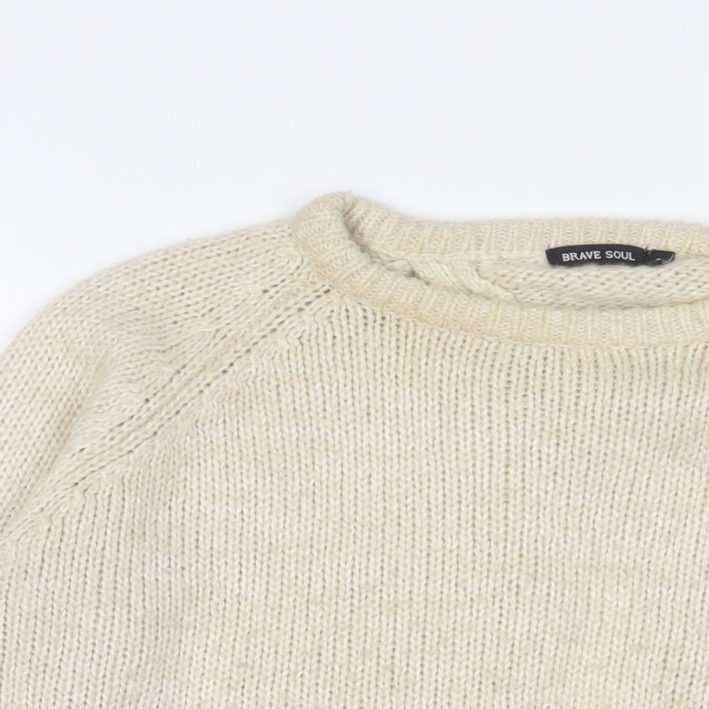 Brave Soul Womens Beige Crew Neck Acrylic Pullover Jumper Size S