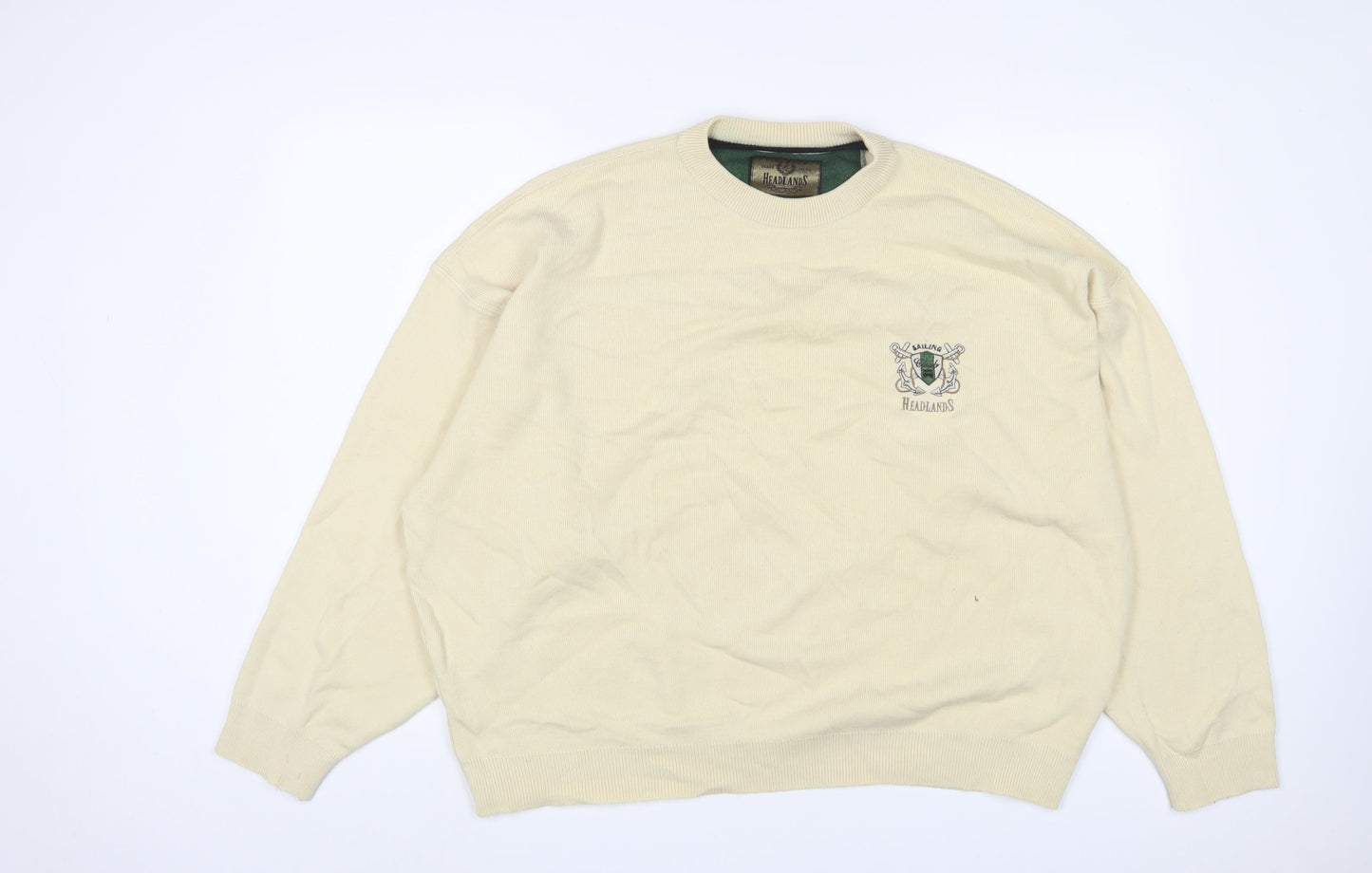 Headlands Mens Beige Crew Neck Wool Pullover Jumper Size 2XL Long Sleeve - Logo, Embroidered