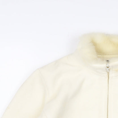 Close-up detail of Maine New England women’s ivory jacket, size UK 12, zip - logo, embroidered