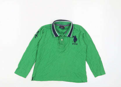 U.S. Polo Assn. Boys Green Cotton Basic Polo Size 5-6 Years Collared Button - Logo, Embroidered