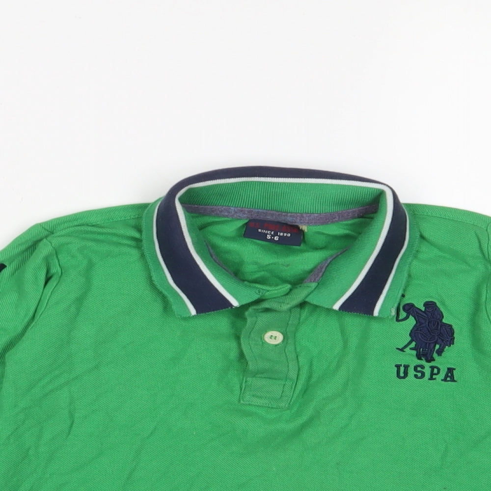 U.S. Polo Assn. Boys Green Cotton Basic Polo Size 5-6 Years Collared Button - Logo, Embroidered