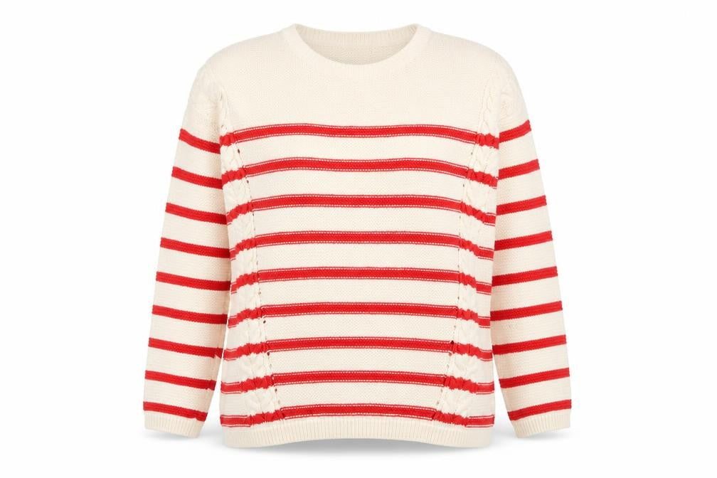Cambridge Womens Ivory Crew Neck Striped Cotton Pullover Jumper Size 12