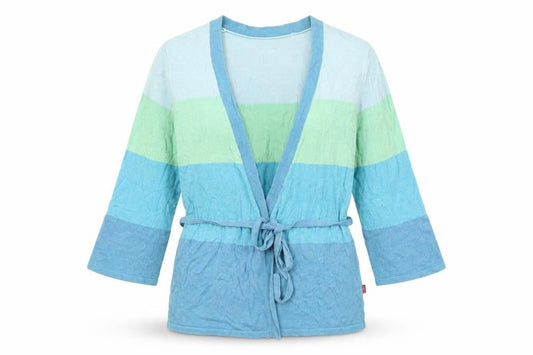 Front view of Vackray women’s blue v-neck striped linen cardigan jumper, size S, - belted