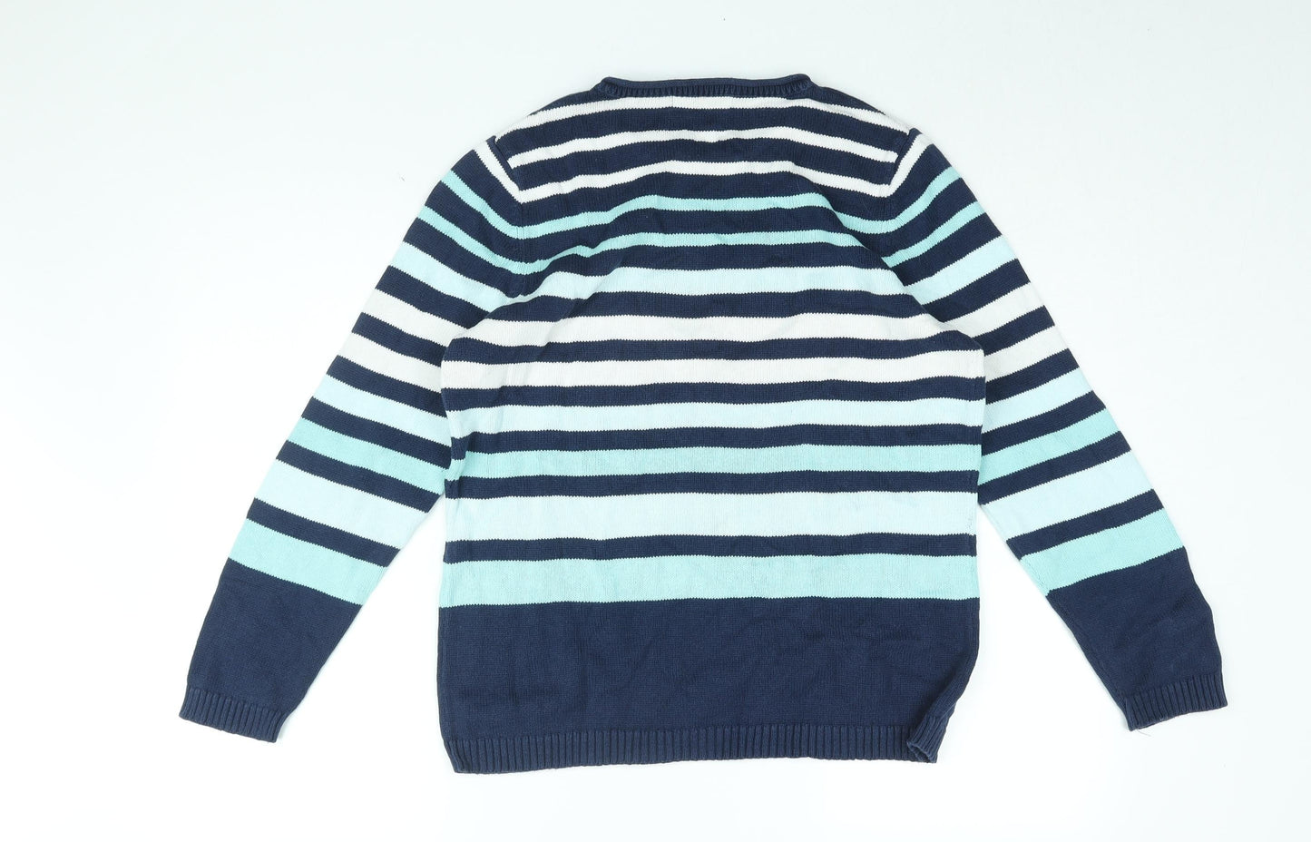 Bonmarché Womens Blue Round Neck Striped Cotton Pullover Jumper Size M