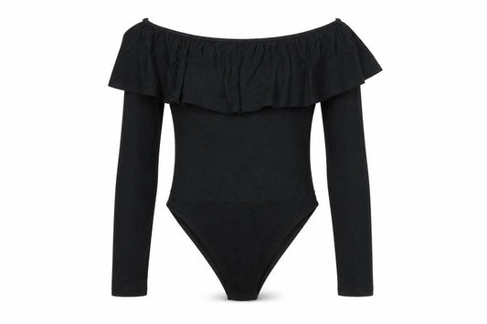 Front view of Miss Selfridge women’s black viscose bodysuit one-piece, size UK 6, snap - frill detail