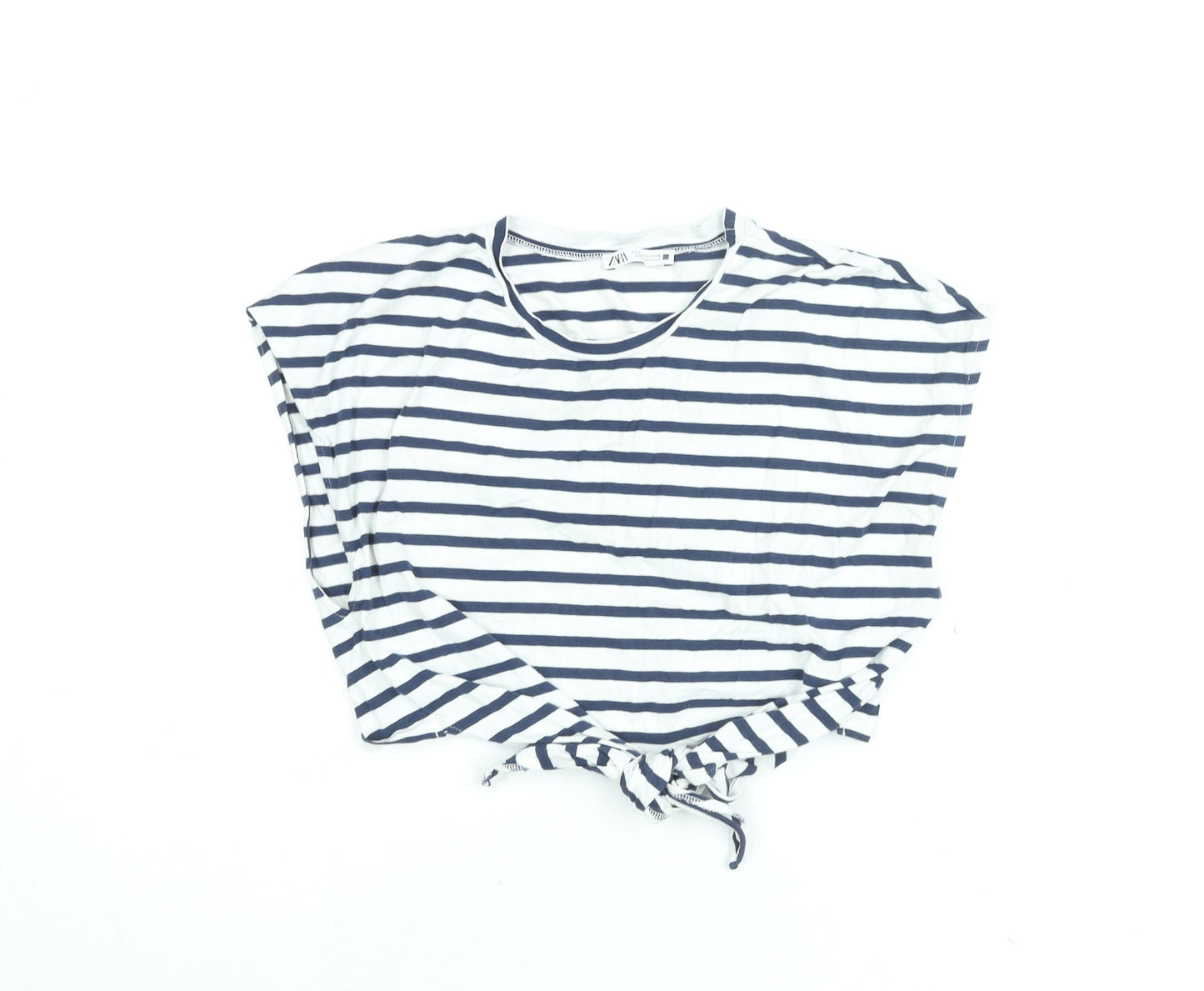 Zara Womens White Striped Cotton Cropped T-Shirt Size S Round Neck