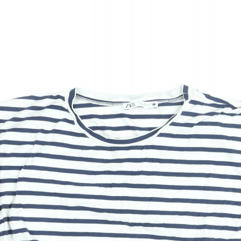 Zara Womens White Striped Cotton Cropped T-Shirt Size S Round Neck