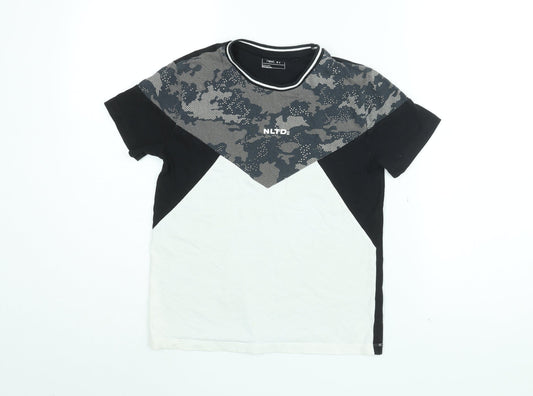 NEXT Boys Black Geometric Cotton Basic T-Shirt Size 10 Years Round Neck Pullover - NLTD