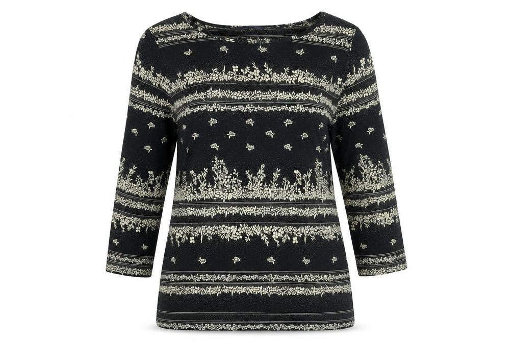 Marks & Spencer Womens Black Floral Viscose Basic T-Shirt Size 14 Round Neck