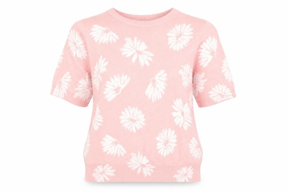 Marks & Spencer Womens Pink Floral Viscose Basic T-Shirt Size 8 Round Neck