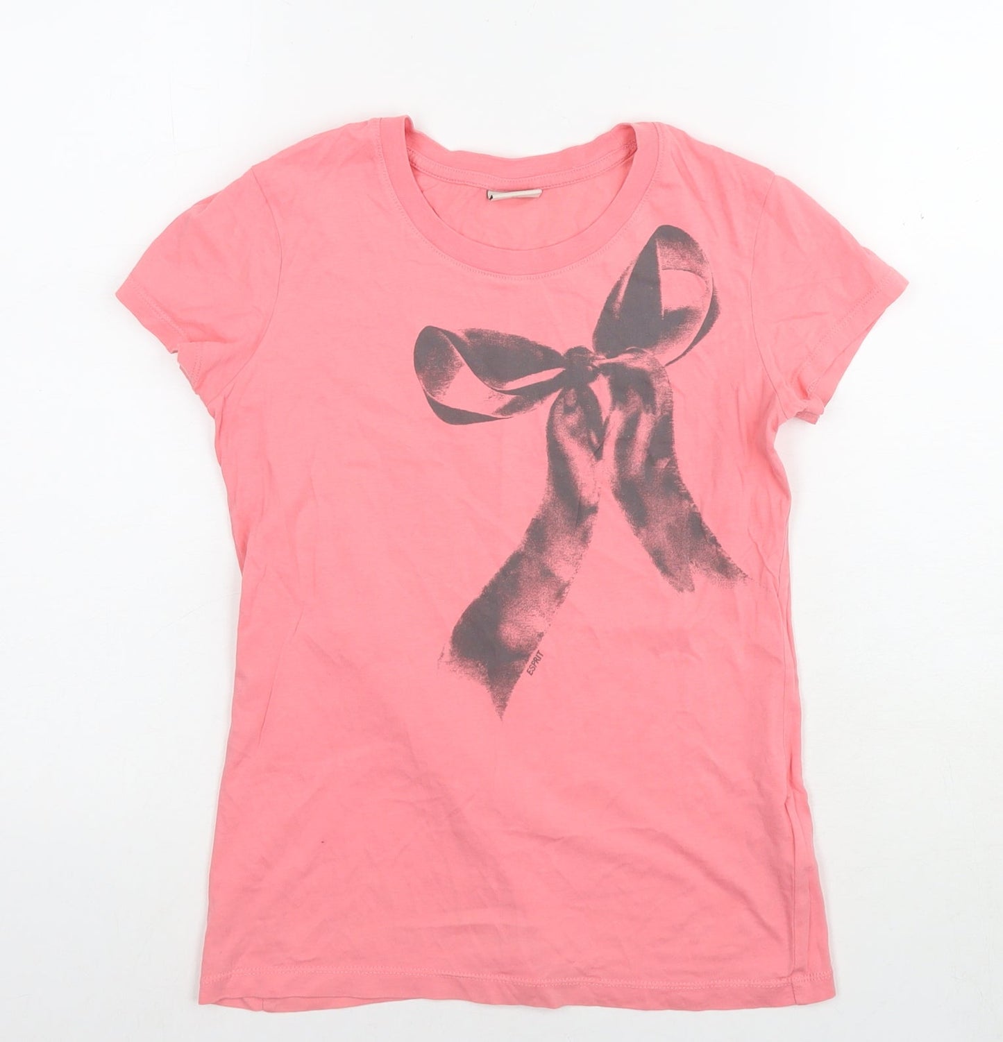 Esprit Womens Pink Cotton Basic T-Shirt Size 2XS Round Neck - Bow