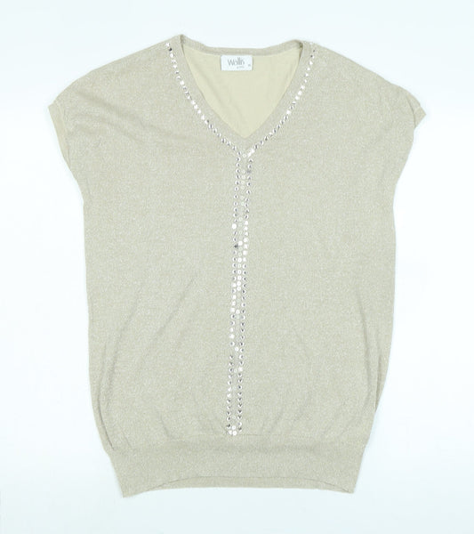 Wallis Womens Gold Viscose Basic Tank Size M V-Neck - Faux gemstones to front