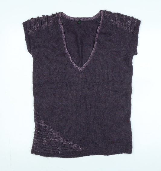 Stile Benetton Womens Purple V-Neck Polyimide Vest Jumper Size M - Logo