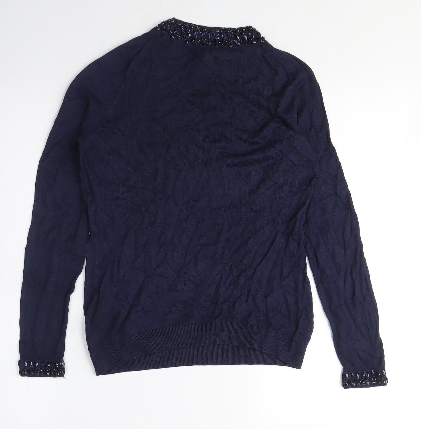 H&M Womens Blue Crew Neck Viscose Pullover Jumper Size S - Beaded NeckLine