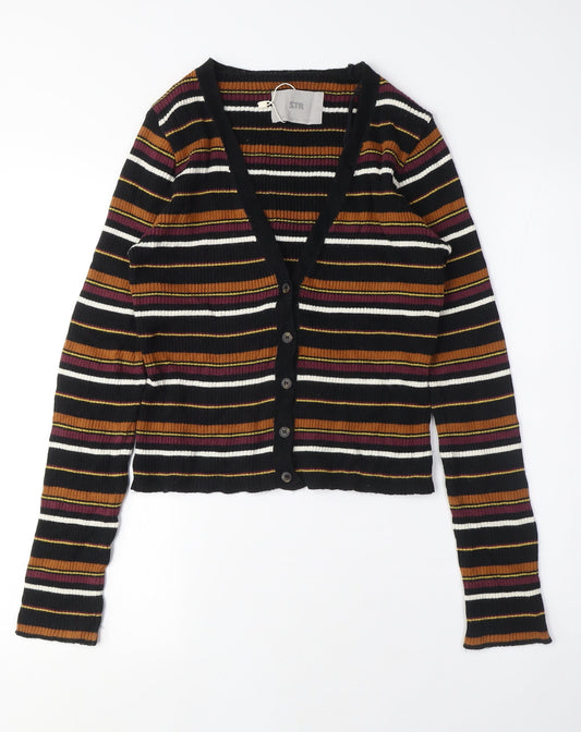 Stradviarius Womens Black V-Neck Striped Cotton Cardigan Jumper Size L
