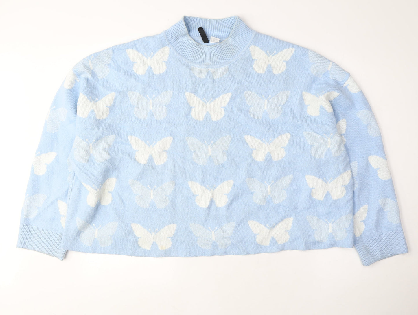 Divided Womens Blue Mock Neck Acrylic Pullover Jumper Size 3XL - Cropped, Butterflies