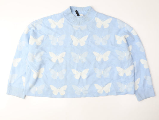 Divided Womens Blue Mock Neck Acrylic Pullover Jumper Size 3XL - Cropped, Butterflies