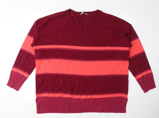 M&Co Womens Pink V-Neck Striped Acrylic Pullover Jumper Size 16 - Orange Stripes