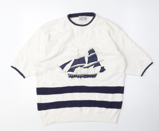 Commedeux Artistes Womens White Crew Neck Cotton Pullover Jumper Size M - Boat, Vintage
