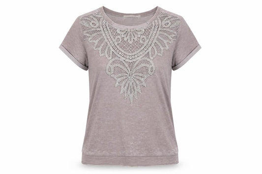 Front view of YAYA women’s beige cotton basic t-shirt, size L, round neck