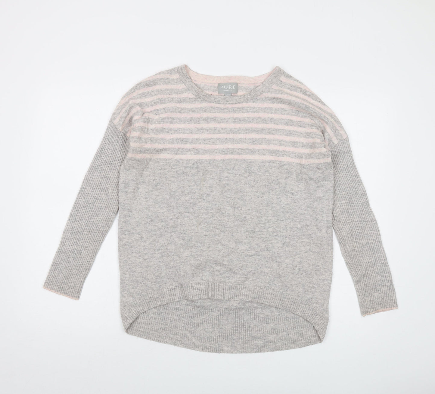 Pure Womens Grey Round Neck Striped Wool Pullover Jumper Size 10