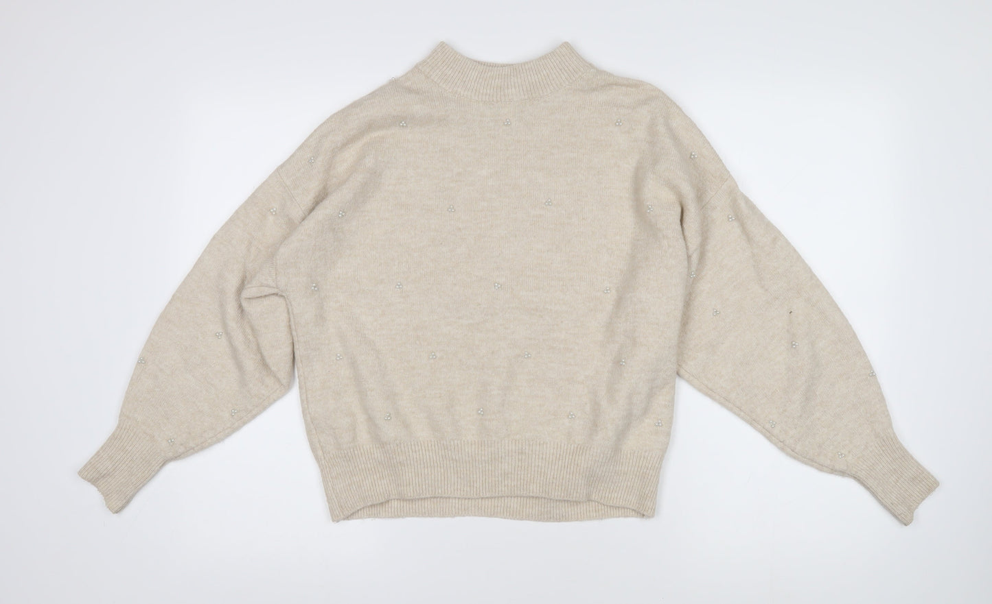 H&M Womens Beige Mock Neck Acrylic Pullover Jumper Size S - Beaded pearl decoration