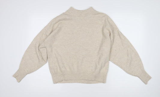 H&M Womens Beige Mock Neck Acrylic Pullover Jumper Size S - Beaded pearl decoration