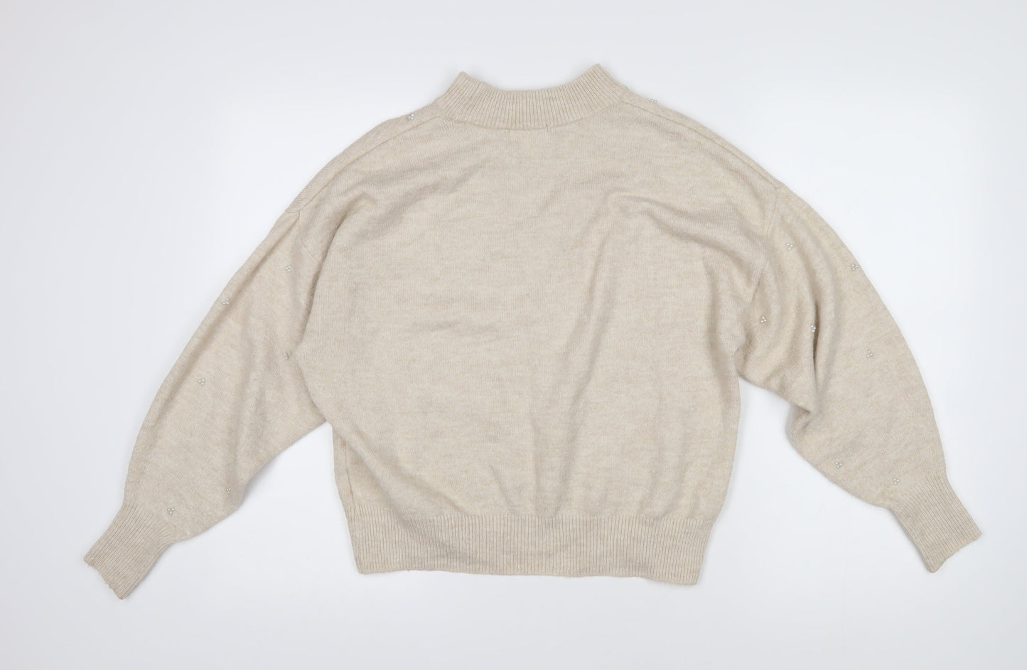 H&M Womens Beige Mock Neck Acrylic Pullover Jumper Size S - Beaded pearl decoration