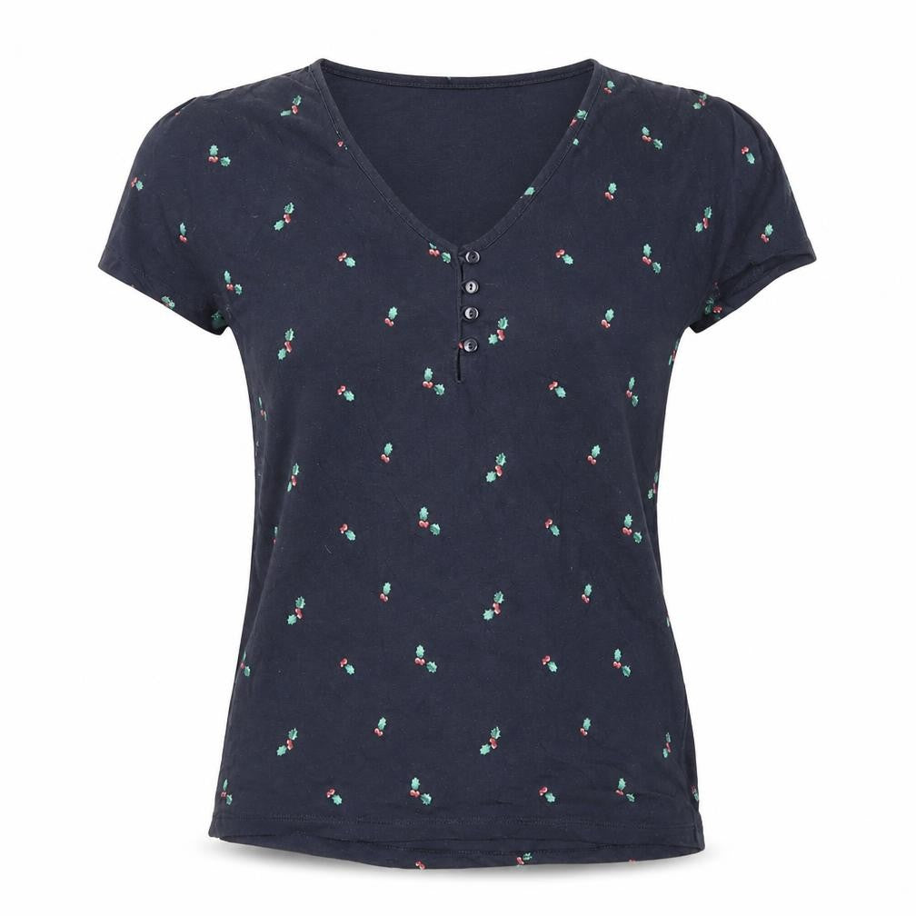 Next Womens Blue Geometric 100% Cotton Basic T-Shirt Size XS V-Neck - Holly leaves and berries