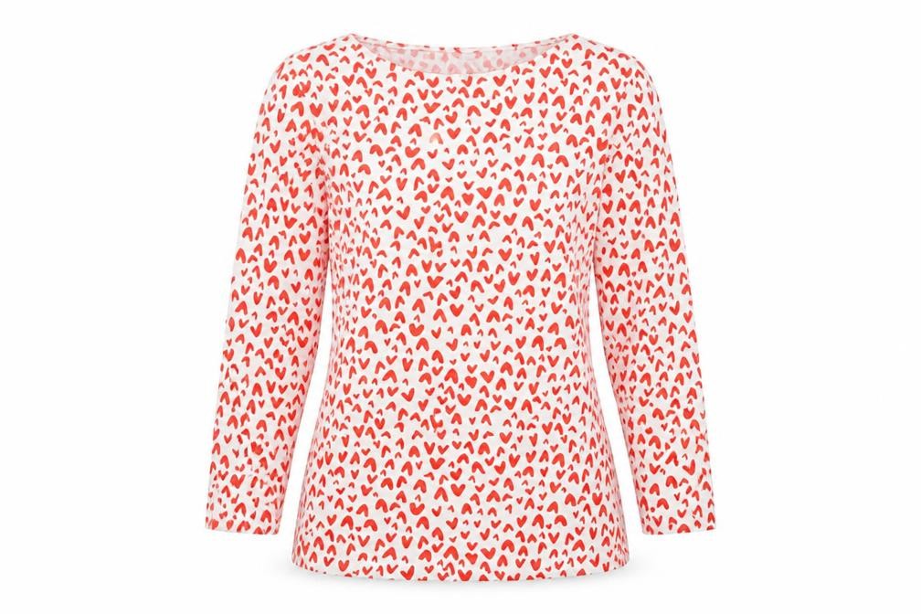 Marks & Spencer Womens Red Geometric Cotton Basic T-Shirt Size 8 Boat Neck - Hearts