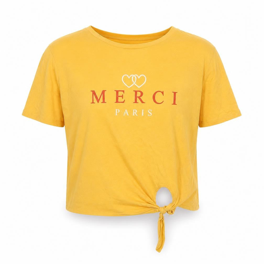 New Look Womens Yellow Cotton Cropped T-Shirt Size 8 Crew Neck - Merci