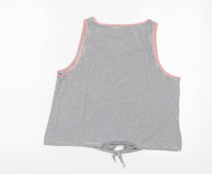 Back view of Next girls’ black striped cotton basic t-shirt, size 16, years scoop neck pullover - tie front