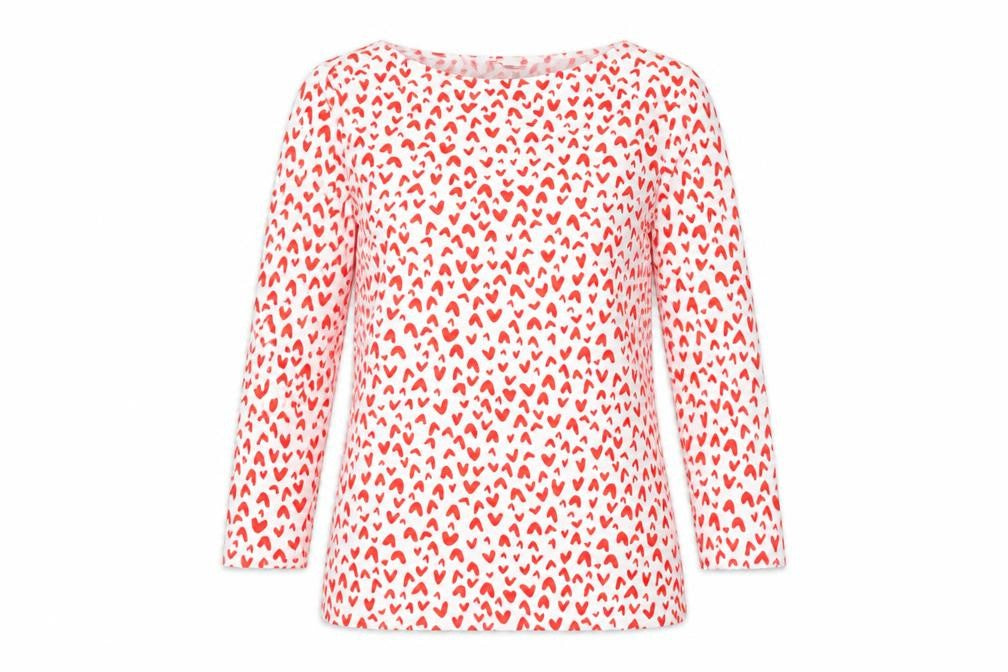 Marks & Spencer Womens Red Geometric Cotton Basic T-Shirt Size 8 Boat Neck - Hearts