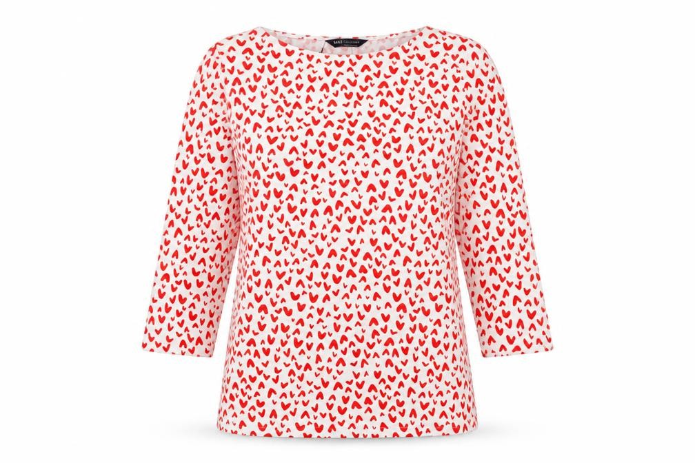 Marks & Spencer Womens Red Geometric Cotton Basic T-Shirt Size 10 Boat Neck - Hearts