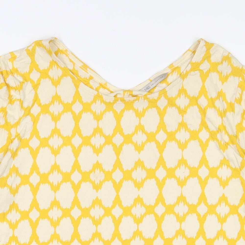 Marks and Spencer Womens Yellow Geometric Viscose Basic T-Shirt Size 14 Boat Neck