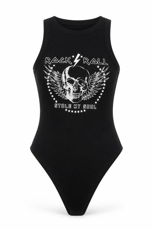 River Island Womens Black Cotton Bodysuit One-Piece Size 10 Snap - Rock 'n' Roll