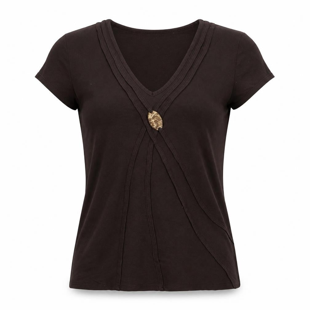 Country Casuals Womens Brown Viscose Basic T-Shirt Size M V-Neck - Embroidered