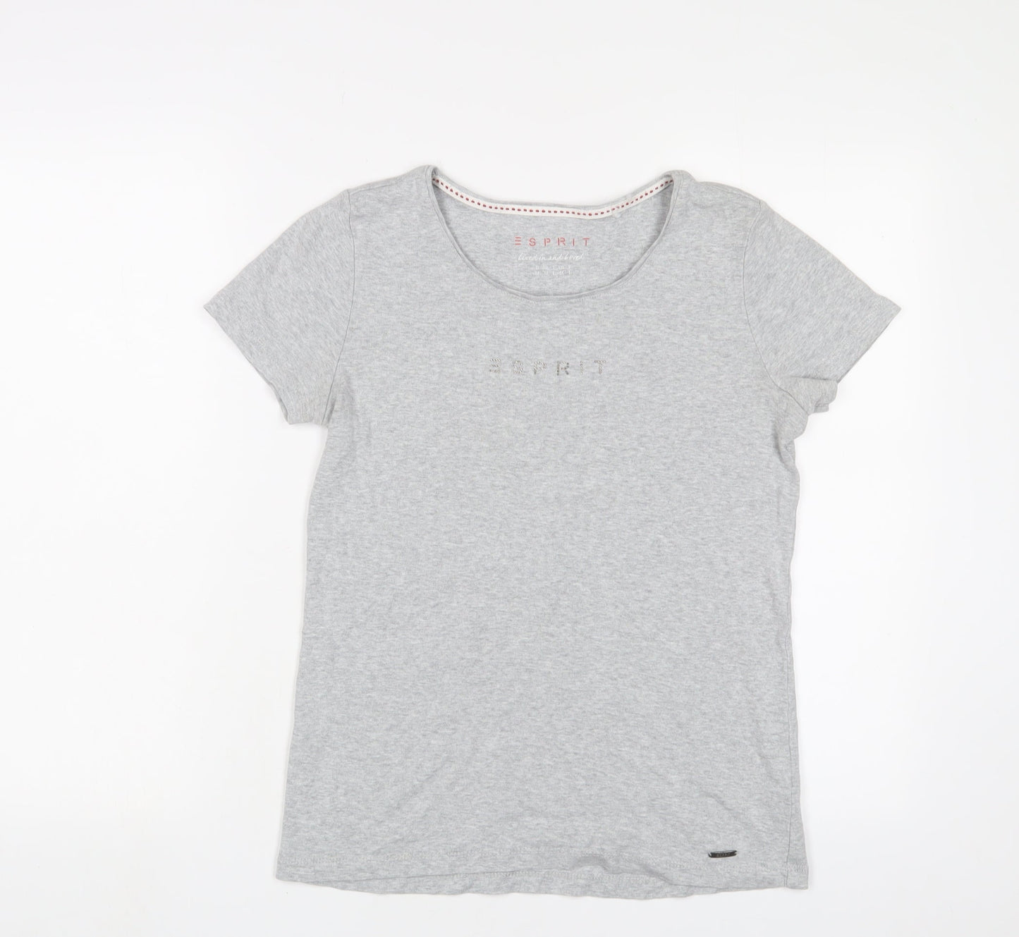 Esprit Womens Grey Cotton Basic T-Shirt Size M Crew Neck - Beaded Logo