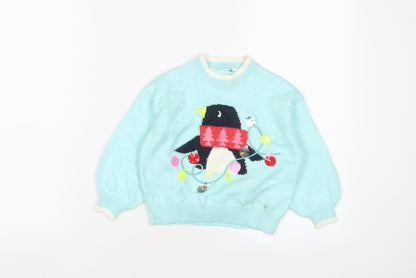 Marks & Spencer Girls Blue Crew Neck Polyester Pullover Jumper Size 2-3 Years Pullover - Christmas