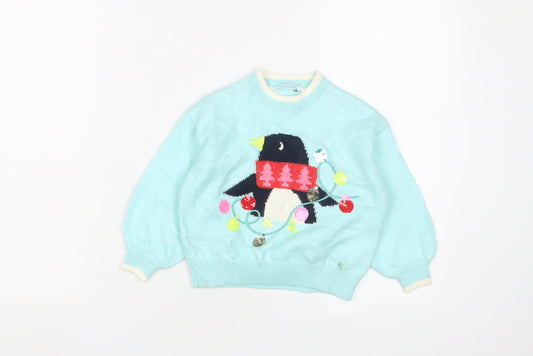 Marks and Spencer Girls Blue Crew Neck Polyester Pullover Jumper Size 2-3 Years Pullover - Christmas