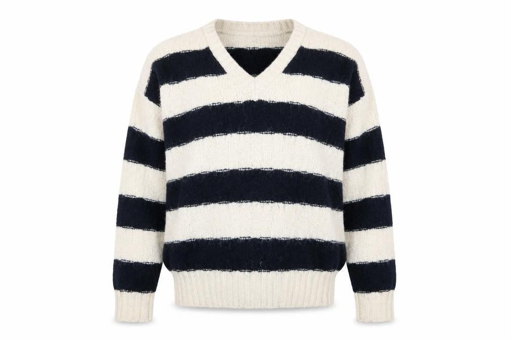 Marks & Spencer Womens White V-Neck Striped Acrylic Pullover Jumper Size XL