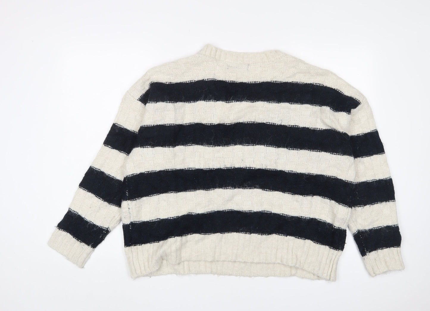 Marks and Spencer Womens White V-Neck Striped Acrylic Pullover Jumper Size XL