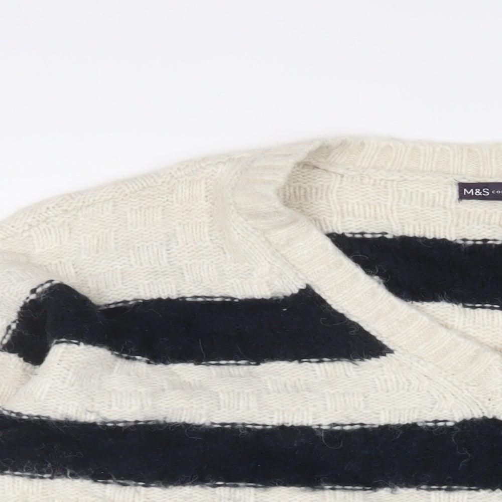 Marks and Spencer Womens White V-Neck Striped Acrylic Pullover Jumper Size XL