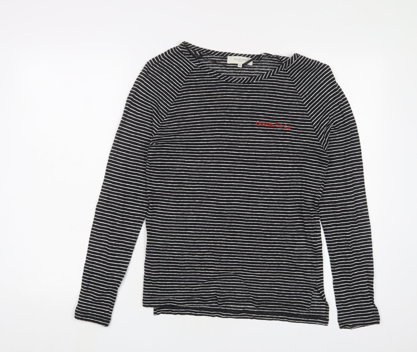 Selected Femme Womens Black Striped Linen Basic T-Shirt Size XS Crew Neck - Oooh la la