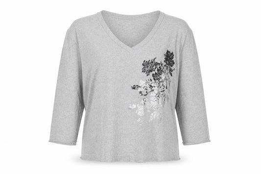 Andre de Brett Womens Grey Floral Cotton Basic T-Shirt Size 22 V-Neck