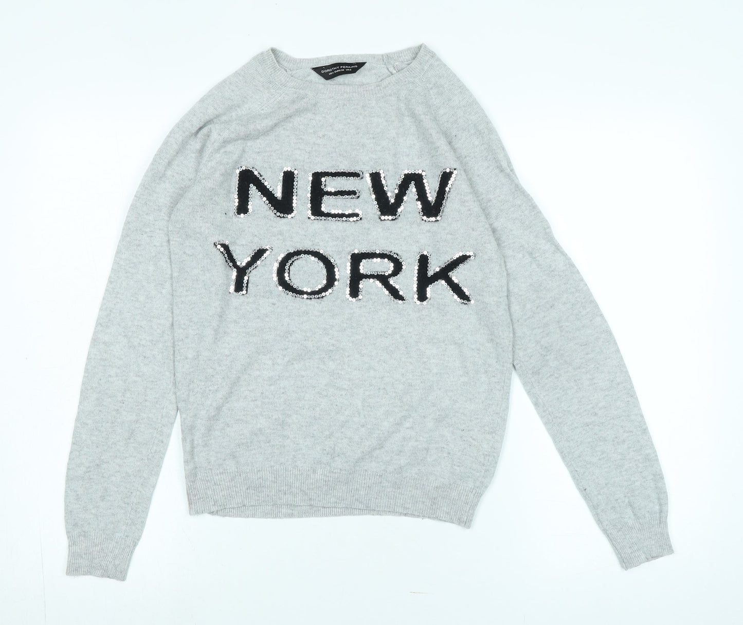 Dorothy Perkins Womens Grey Crew Neck Acrylic Pullover Jumper Size 8 - Logo - NEW YORK