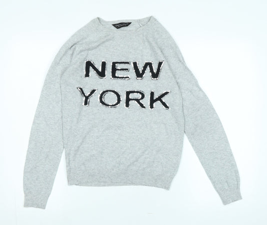 Dorothy Perkins Womens Grey Crew Neck Acrylic Pullover Jumper Size 8 - Logo - NEW YORK