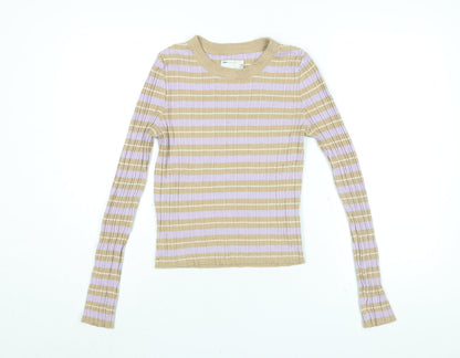 Additional front view of ASOS women’s beige striped acrylic basic t-shirt, size UK 14, round neck